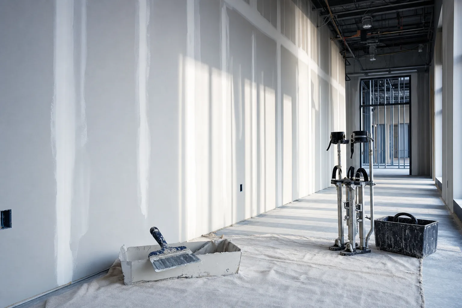 Joint compound being applied over paper tape on freshly installed drywall in a commercial interior