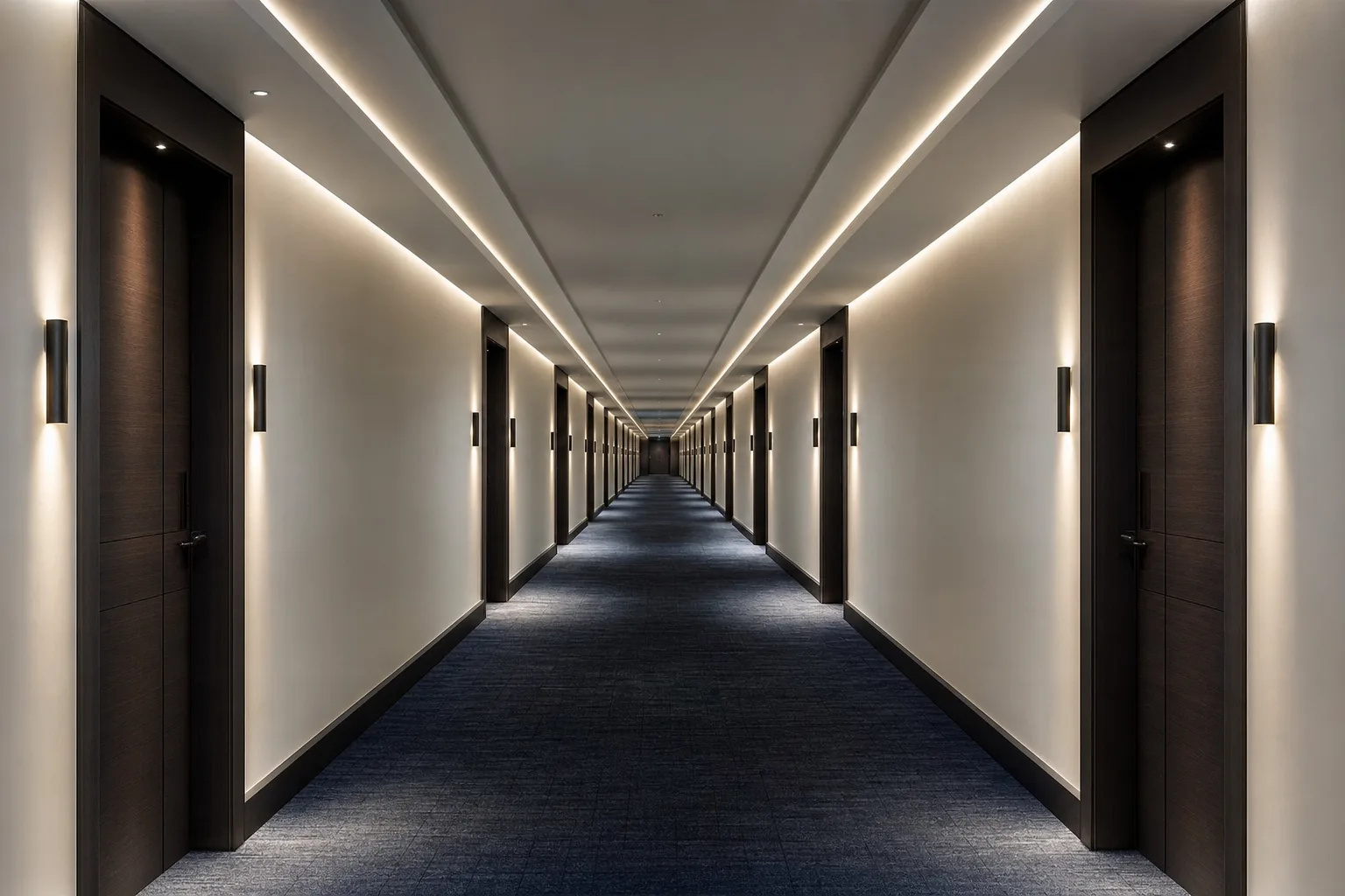 A completed hotel corridor with flawless drywall walls and ceiling